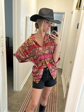 Vintage Moda Int’l 100% Silk Tribal Aztec Print Oversized Button-Up Shirt